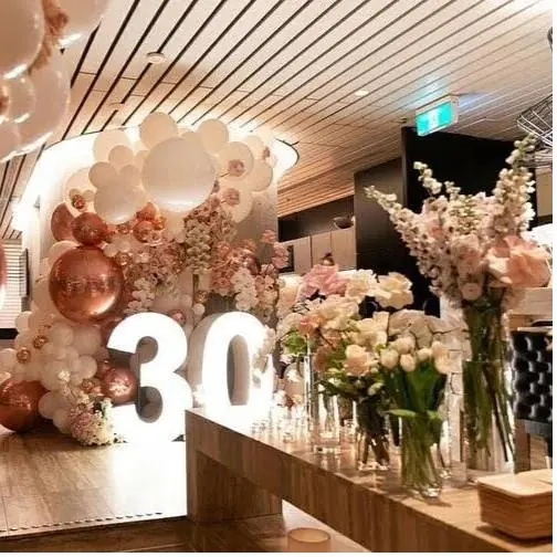 Rose gold 30th birthday setup