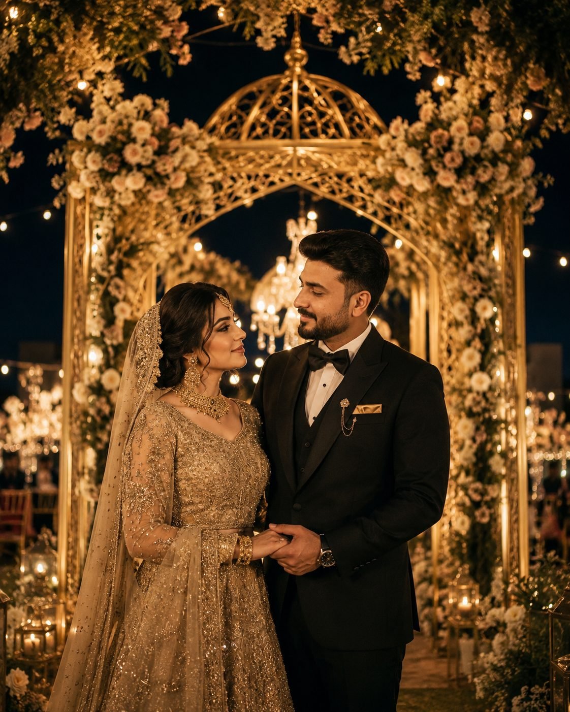 Elegant bride and groom under a floral gold arch, styled by Qasr Al Mizan Events